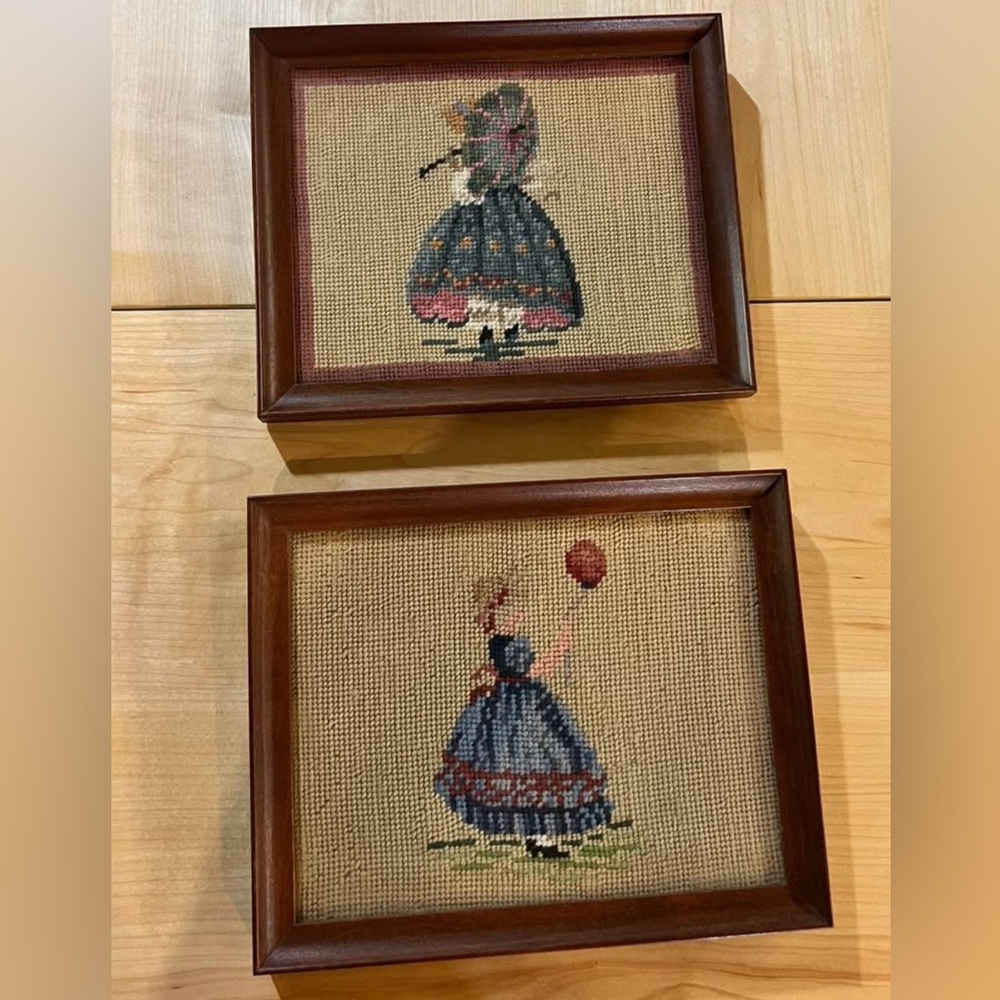 Vintage Framed Needlepoint Art - Blue and Brown
